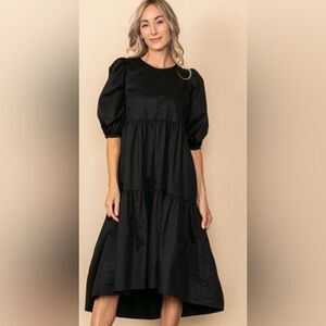 Elloh large Poplin Tiered High Low Cotton Midi Dress Pockets. A259